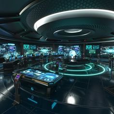 a futuristic room filled with lots of monitors