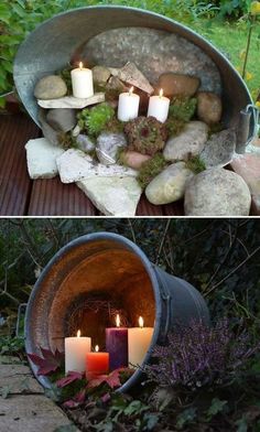 two pictures with candles and rocks in them, one is made out of an old barrel