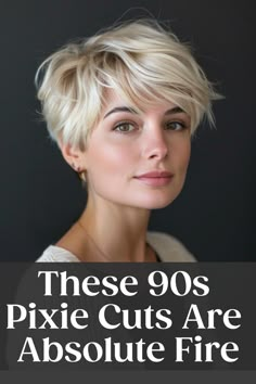 Woman with a 90s pixie haircut, promoting the trendy hairstyle. Cute Super Short Haircuts For Women, Shaggy Long Pixie Haircut, Center Part Pixie, Straight Long Pixie Haircut, Short Pixie Fine Hair, Mid Length Pixie Haircut, Swept Back Pixie, Hats With Pixie Haircut, Pixie Fine Hair Over 50