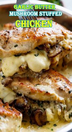 grilled chicken with mushrooms and melted cheese in a pan