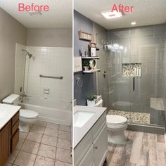 before and after photos of a bathroom remodel