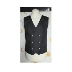 Gentleman's fully lined double breasted waistcoat. the fronts are a black and white linen pinstripe. the back is black grey and white damask style skulls print cotton and the lining is black satin. the front has 2 welt pocket and 6 antique silver buttons with 6 active buttonholes.  actual garment measurements. Chest 39" / 99cm Waist 36.25" / 92cm Back length 22.25" / 56.5cm please allow some wiggle room you need at least an inch on your body measurements for a comfy fit :0) this waistcoat is rea Classic Fitted Pinstripe Vest, Fitted Pinstripe Classic Vest, Elegant Tailored Pinstripe Vest, Classic Pinstripe Formal Vest, Classic Pinstripe Vest For Formal Occasions, Formal Striped Fitted Vest, Elegant Pinstripe Business Vest, Formal Striped Sleeveless Vest, Elegant Pinstripe Vest For Formal Occasions