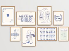 a set of six framed art prints featuring cowboy boots and the words let's go girls