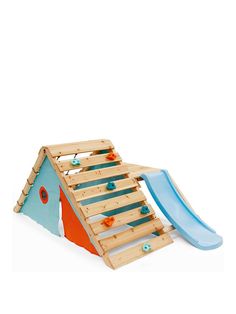 a wooden play structure with a slide