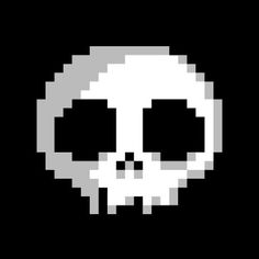 the pixel art skull is shown in black and white, with an odd look to it's face