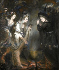 an oil painting of three women dressed in black and white, one holding her hand out to the other