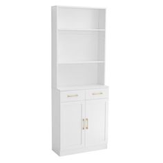 a white bookcase with two doors and drawers