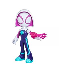 an action figure with purple hair and blue eyes holding a pink object in her hand