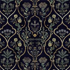 an intricately designed wallpaper with gold and blue flowers on black background, in the style