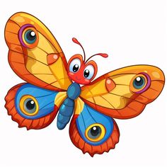 a colorful butterfly with big eyes on a white background