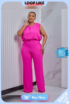 Plus Size Women's Autumn Chic Low Back Sleeveless Wide Leg Jumpsuit Pink Outfit Plus Size, Autumn Chic, Plus Size Party, Outfit Plus Size, Pink Outfit, Wide Leg Jumpsuit, Low Back, Women's Style, Plus Size Fashion