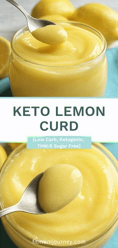 keto lemon curd in a glass bowl with a spoon on top and the recipe below