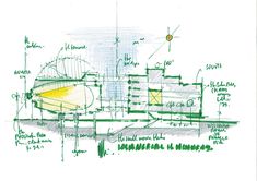 an architectural drawing with green and yellow ink