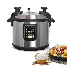 an electric pressure cooker with rice and other food items on the table next to it