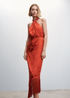 Jacquard. Flowy fabric. Midi design. Halter neck. Wrap collar. Back closure. Fringed finish. Side zip fastening. Party and events collection. Back length 44.02 in Spain Fits, Extra Dresses, 2023 Clothes, Mango Dresses, Mango Dress, Mango Outlet, Rust Dress, Fringe Dress, Jacquard Dress