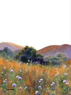 a painting of flowers in a field with mountains in the background