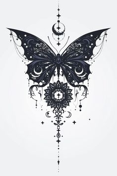 a black and white drawing of a butterfly with intricate designs on it's wings