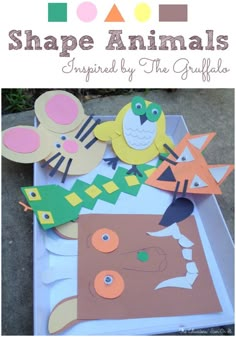 paper cut out animals on a table with text overlay that says shape animals inspired by the craftivity