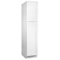 a tall white cabinet with one door open