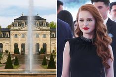 a woman standing in front of a large building with water spouting from it