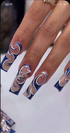 #follow #nails #nailsofinstagram #nailart #beautyblog #blogging #blogger #blog Square Chrome Nails Designs, Long Baddie Nails, Blue And Silver Nails, Acrylic Gel Nails, Electric Nail Drill, Electric Nail File, Diy Acrylic Nails, Blue Acrylic Nails