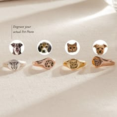 five different types of dogs and cats engraved on their wedding rings, all in gold or silver