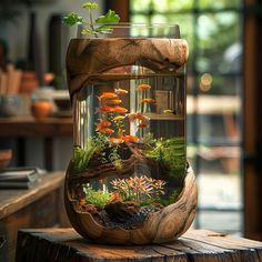 an aquarium filled with goldfish and plants on top of a wooden table next to a window