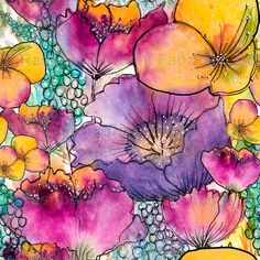 watercolor flowers and bubbles on a colorful background