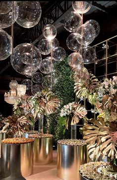 a room filled with lots of different types of vases and plants on display in front of hanging bubbles