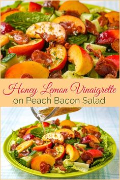 a salad with peaches and bacon is being drizzled on the side