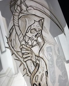 a drawing of a skeleton with a hat on it's head holding a knife