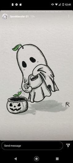 a drawing of a ghost eating something out of a bowl with a pumpkin in it