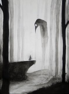 a black and white drawing of a person standing in the middle of a foggy forest