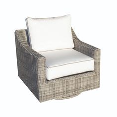 an outdoor chair with white cushions