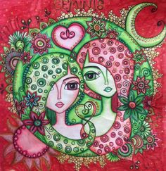 two women with hearts and flowers in their hair are depicted on a red background, while the