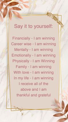 a card with the words say it to yourself, financially i am winning and an award