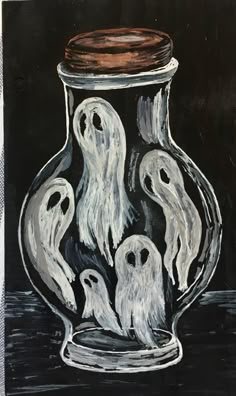 a black and white painting with three ghost figures in a glass jar on a table