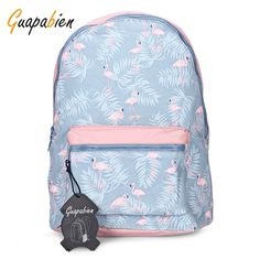 Guapabien Preppy Style Print Travel Backpack Girls School Bag - Azure - 3032379213 - Bags, Travel Bags  #TravelBags #Bags # #Travel #Bags Backpack Stitching, Flamingo Cartoon, Flamingo Bag, Multifunction Bag, School Bags For Girls, Student Backpacks, Large Backpack, Leather Travel, Girl Backpacks