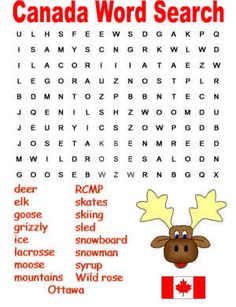 the canadian word search is shown in red, white and blue with an image of a moose