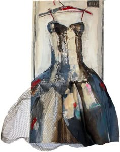 an altered photograph of two dresses hanging on a wall