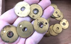 5 real brass authentic flat gears, steam punk gears, vintage gears. Pictures are a sample of what I have in stock. All flat, no cross bars, most are just about an inch, but they may vary a bit. Vintage clock brass gears, perfect for altered art, steam punk, sculpture, jewelry, assemblage, etc. These brass gears are old and used, and may need cleaning. Your gears will be a random selection from my inventory. Steam Punk Gears, Watch Gears Craft And Wood Carving, Brass Gear, Gears Turning, Steampunk Cogs And Gears, Antique Gold Steampunk Brass Necklace, Sculpture Jewelry, Jewelry Assemblage, Steampunk Gears