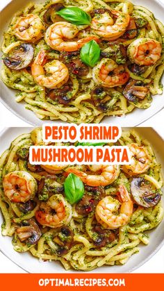 two plates filled with pasta, shrimp and pesto sauce on top of each other