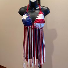 A. Tsagas - Excellent Condition Leather Red/White/Blue Small/Medium Fringed Halter Stop Designed For Sturgis Vendor Handmade Co, Usa Leather Halter Top, Leather Halter, Country Concert, Red White Blue, Halter Top, Nashville, American Flag, White Blue, Red White