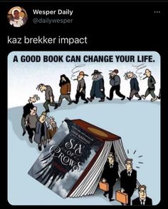 an open book with people walking around it and the caption reads, kaz breaker impact a good book can change your life