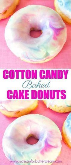 there are several colorful donuts with icing on them and the words cotton candy baked cake doughnuts