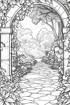 a drawing of an arch leading into a garden