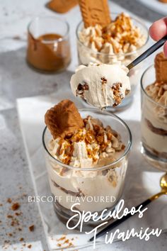 Three glasses of speculoos tiramisu on a white background. Biscoff Tiramisu, Chocolate Cake Shot, Homemade Sausage Rolls, Chocolate Covered Coffee Beans, Raw Eggs