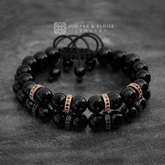 "This listing is for set of 2 Handmade Couple Bracelets. ★`His` bracelet is made with 8mm black Onyx beads and features Black spacer beads embellished black Zircon stones. Men`s Size : 7\" - 8.5\" (18 cm -21 cm) ★`Her` bracelet is made with 8mm black Onyx beads and features Rose Gold spacer beads embellished black Zircon stones. Women`s Size: 6\" - 7.5\" (16 cm -19 cm) Bracelets are adjustable, utilizing a sliding knot made with macrame cord and is easy to put on and take off by yourself. All of Spiritual Black Jewelry For Promise, Luxury Black Bracelets For Wedding, Elegant Black Beaded Bracelets With 8mm Beads, Elegant Black Rosary Bracelet, Adjustable Black Bracelet For Promise, Adjustable Black Promise Bracelet, Elegant Black Bracelets For Anniversary, Black Adjustable Promise Bracelet, Elegant Black Wristband Gift