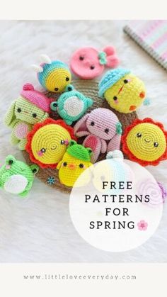 there are many crocheted animals on the table with text overlay that says free patterns for spring