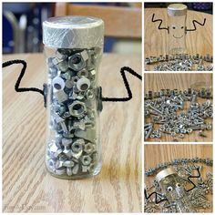 there are many different types of screws in the glass jar and on the table